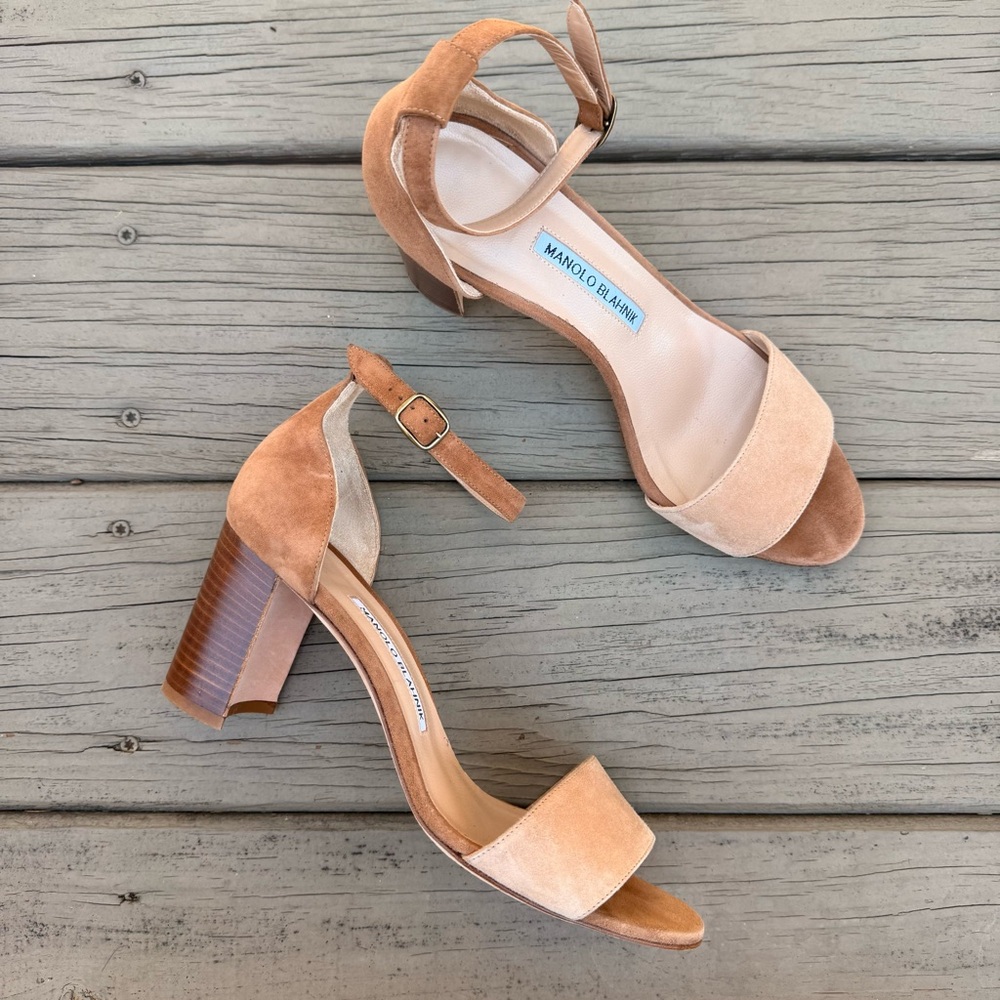 Manolo Blahnik Peach Suede Block Heel Sandals